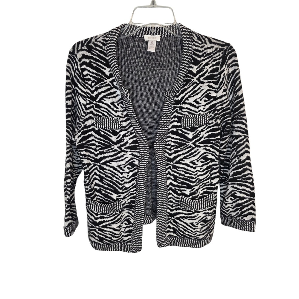 Chico's Zebra Print Open Front Cardigan Pockets Cotton Blend - Women's - Picture 11 of 12